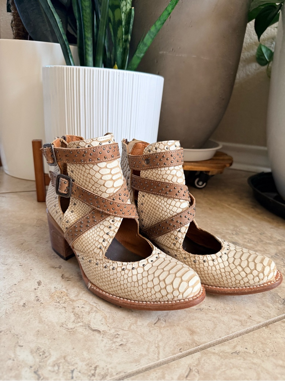 Randi Freebird by Steven Beige Snake- Print Ankle Booties with Brown Straps